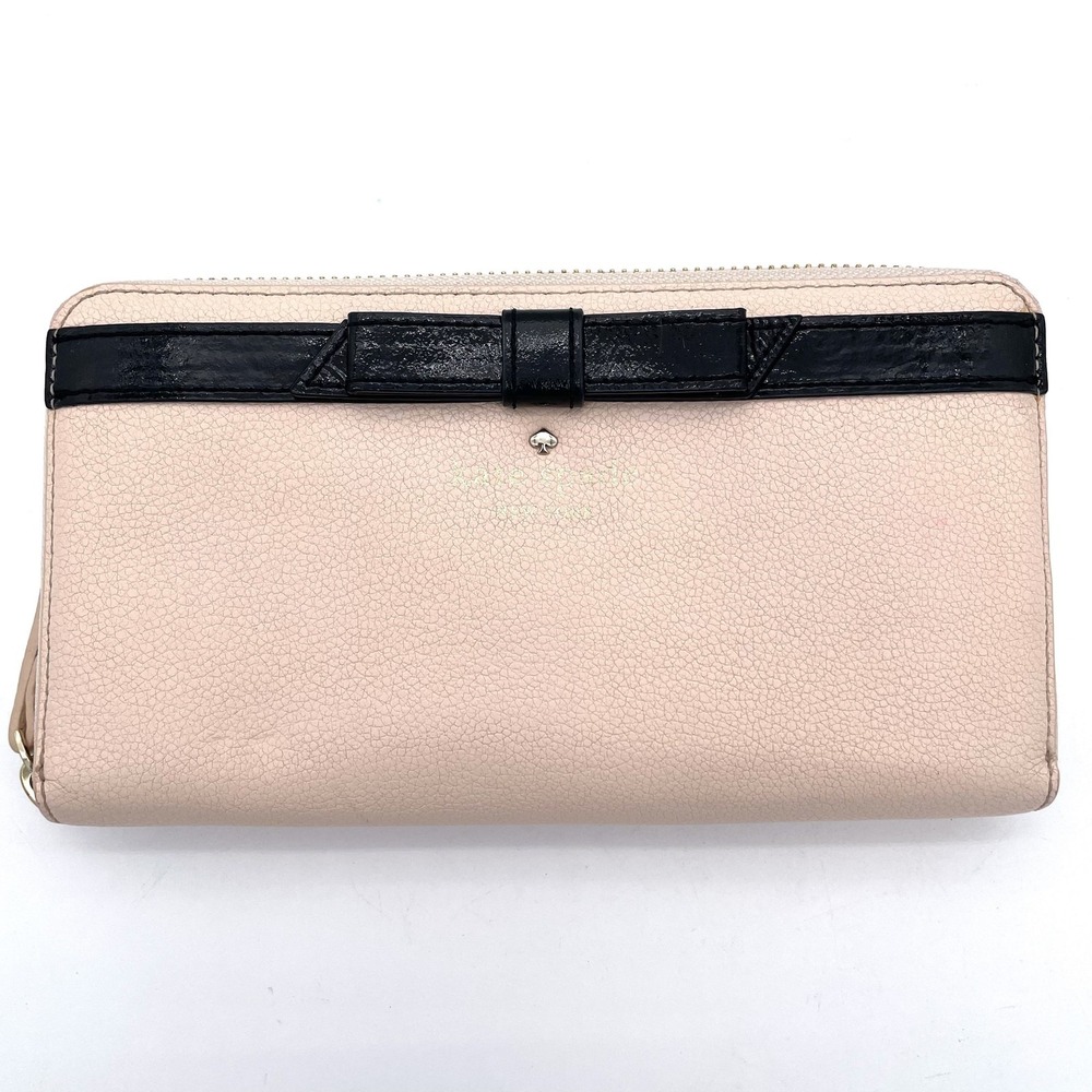 Kate Spade Pastel Blush Pink Coquettecore Leather Black Ribbon Bow Zip Wallet